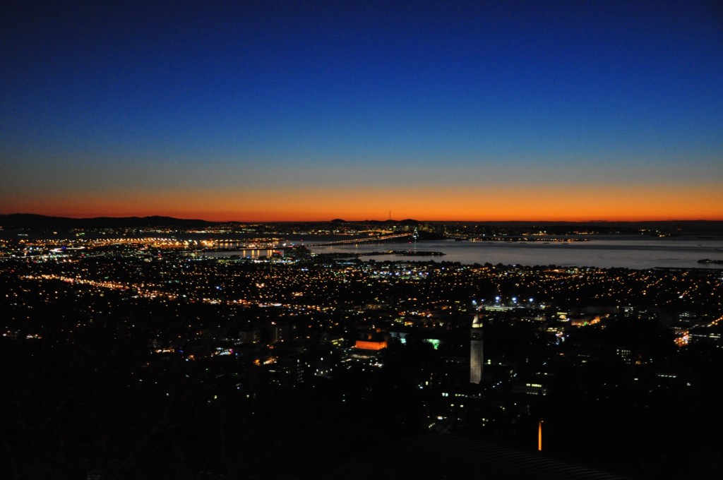 Berkeley, its Campanile and a view of SF, seen at dusk from Lawrence Berkeley National Laboratory