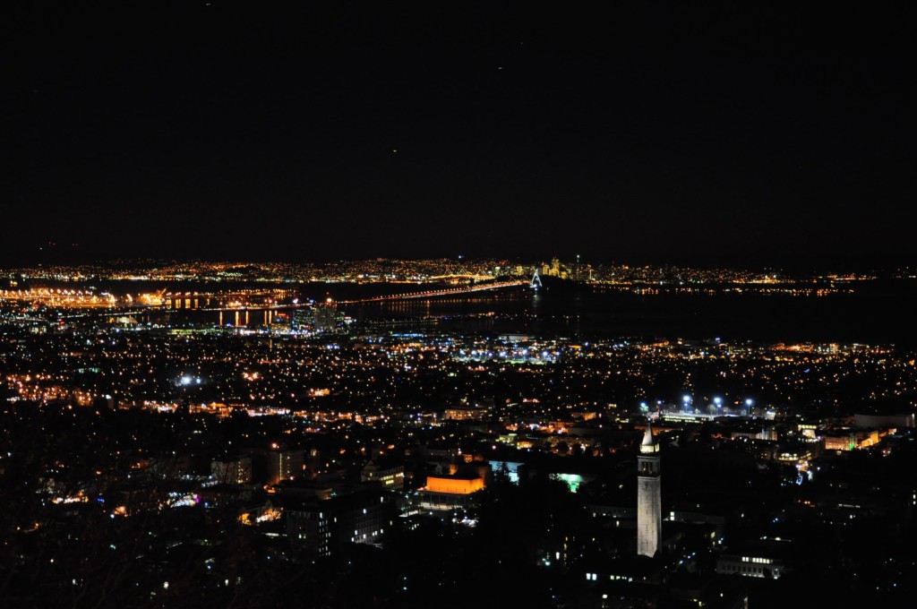 Berkeley, its Campanile and a view of SF, seen at night from Lawrence Berkeley National Laboratory